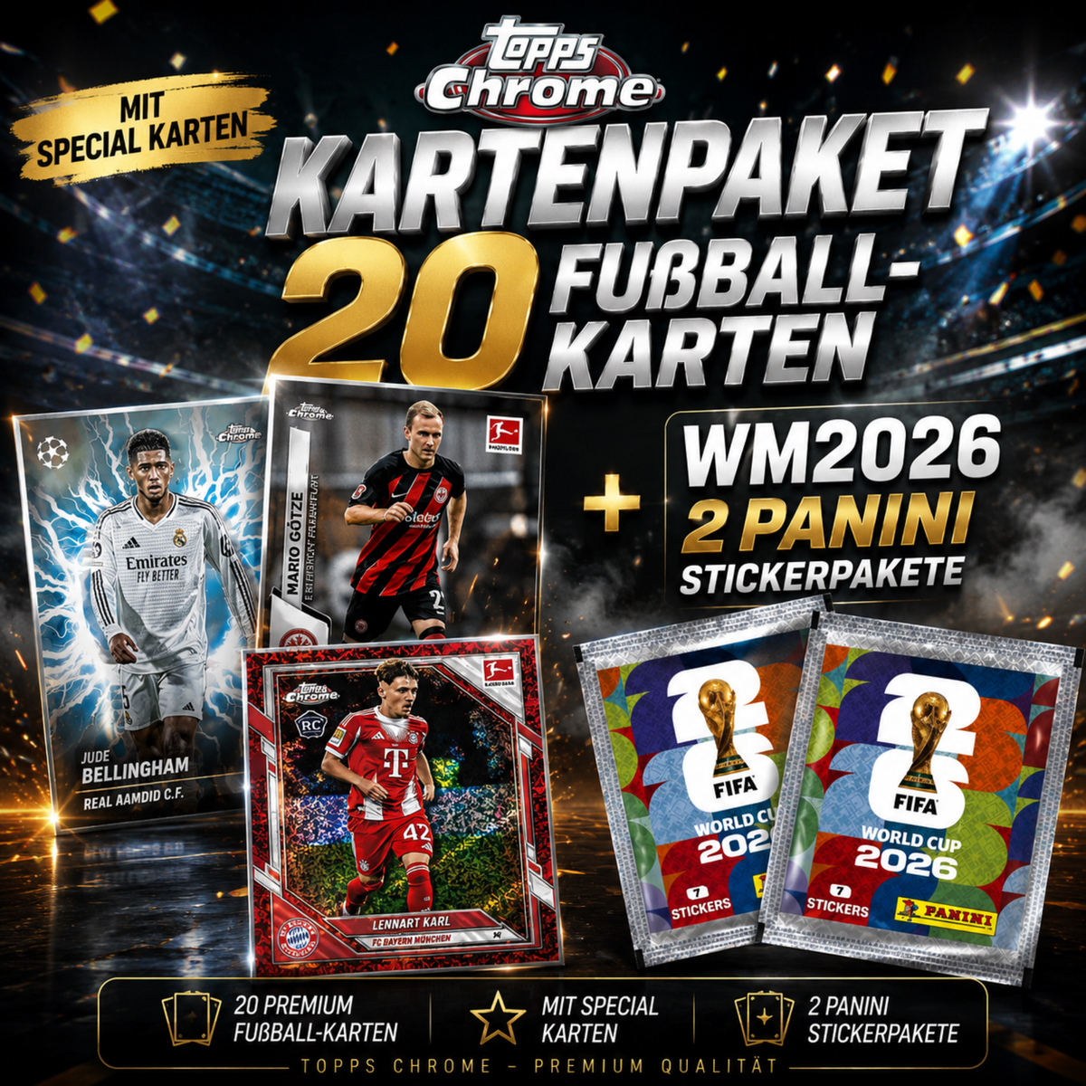 FIFA World Cup 2026 2x STICKER PACKUNG + TOPPS CHROME 20 FUßBALL KARTENPAKET!