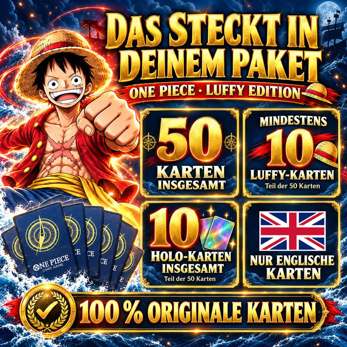 One Piece LUFFY - 50 KARTETPAKET INKL 10 HOLOS + INKL 10 LUFFY KARTEN - ENGLISCH