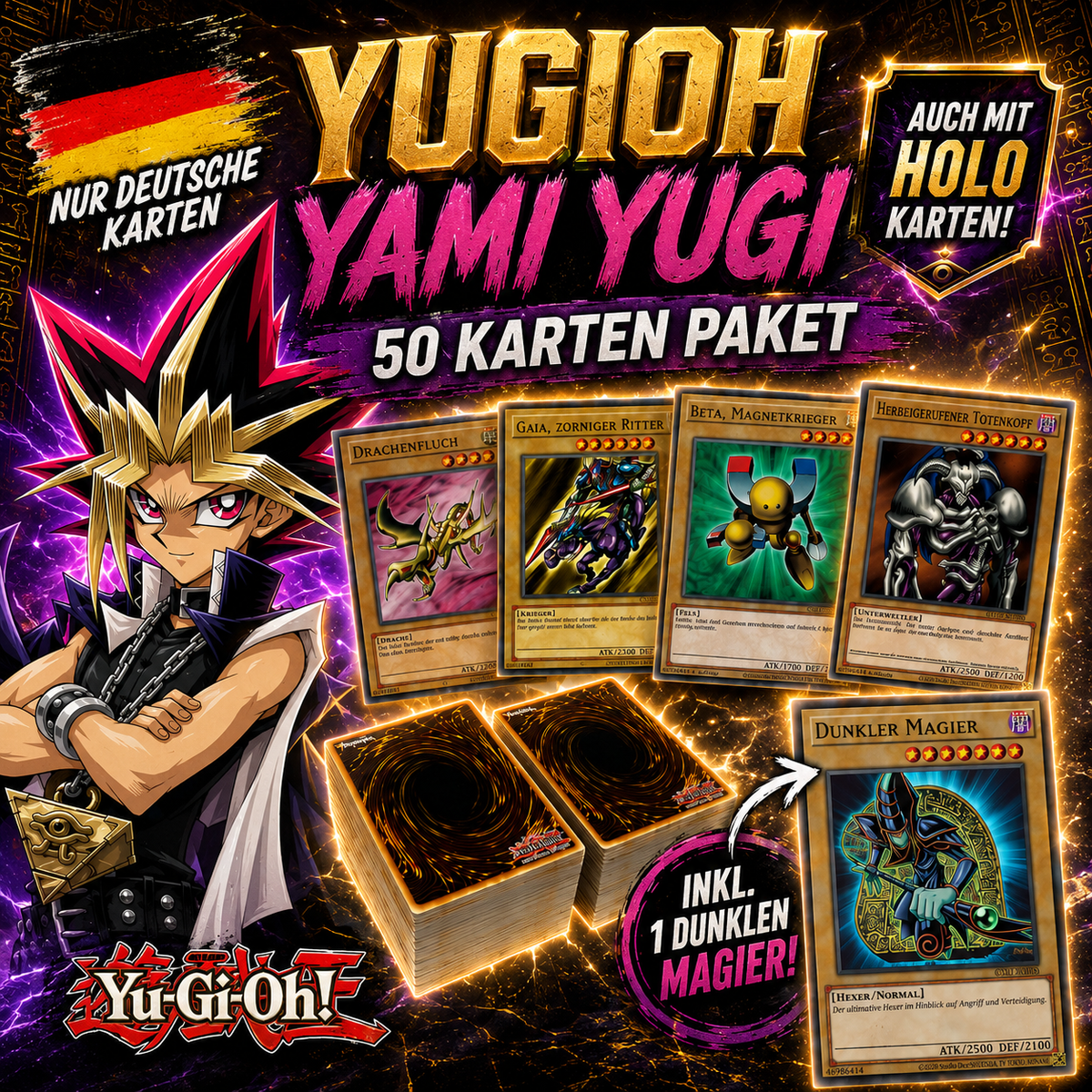 Yugioh YAMI YUGI 50 KARTENPAKET - INKL 20 HOLOS + 1 DUNKLEN MAGIER GARANTIERT!