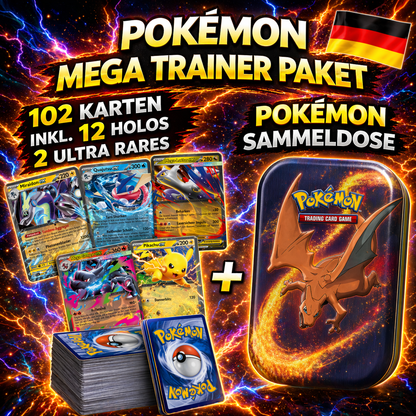 POKÉMON MEGA TRAINER PAKET - 102 KARTEN, 2 ULTRA RARE HIT - INKL POKEMON DOSE - TOP PAKET