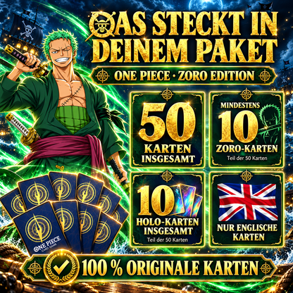 One Piece ZORO - 50 KARTETPAKET INKL 10 HOLOS + INKL 10 ZORO KARTEN - ENGLISCH