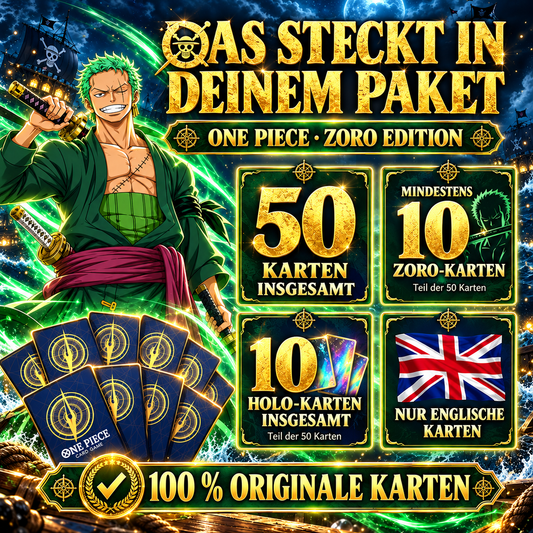 One Piece ZORO - 50 KARTETPAKET INKL 10 HOLOS + INKL 10 ZORO KARTEN - ENGLISCH