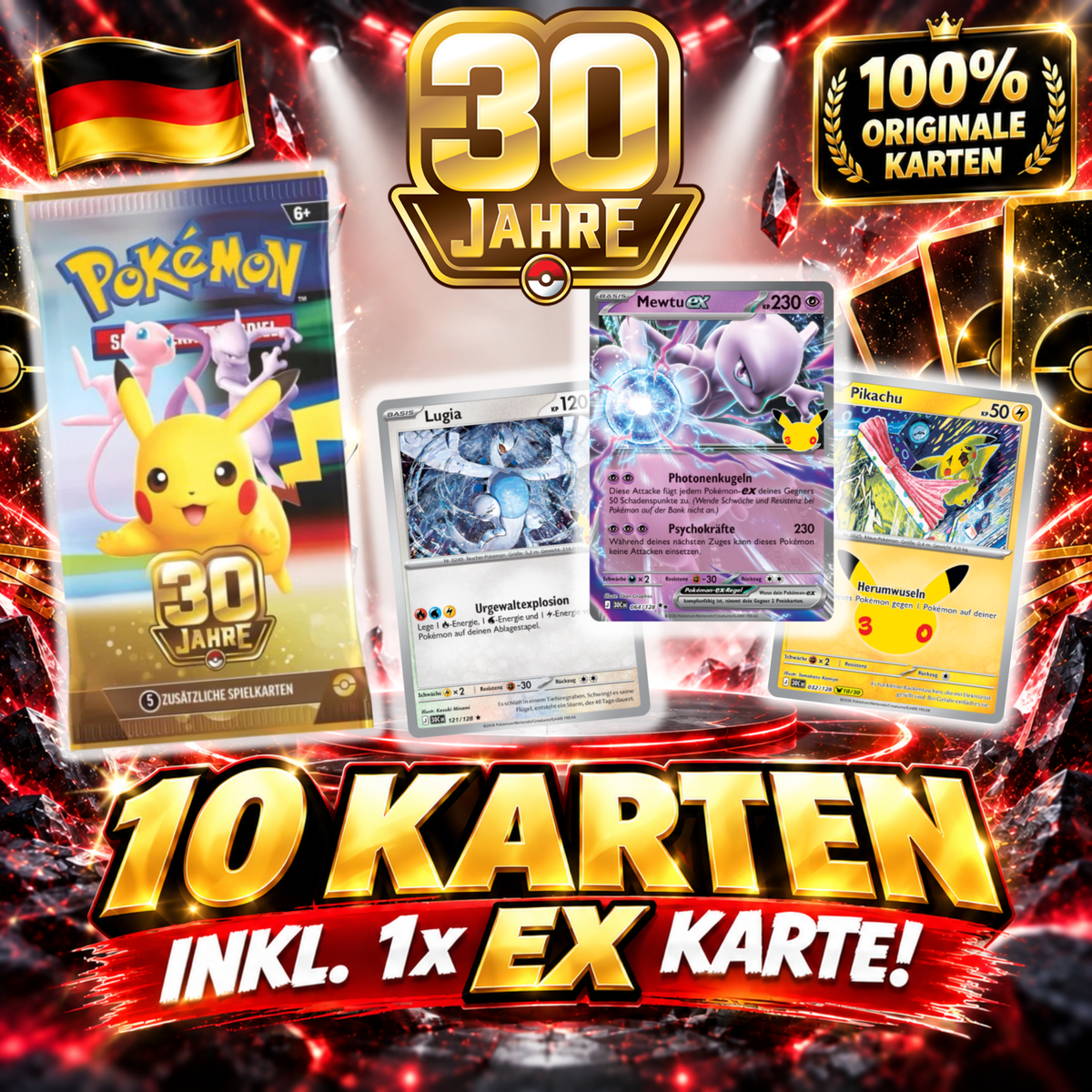 Pokémon 30 Jahre Kartenpaket - 10 Karten mit Holos inkl. 1 ex Karte!