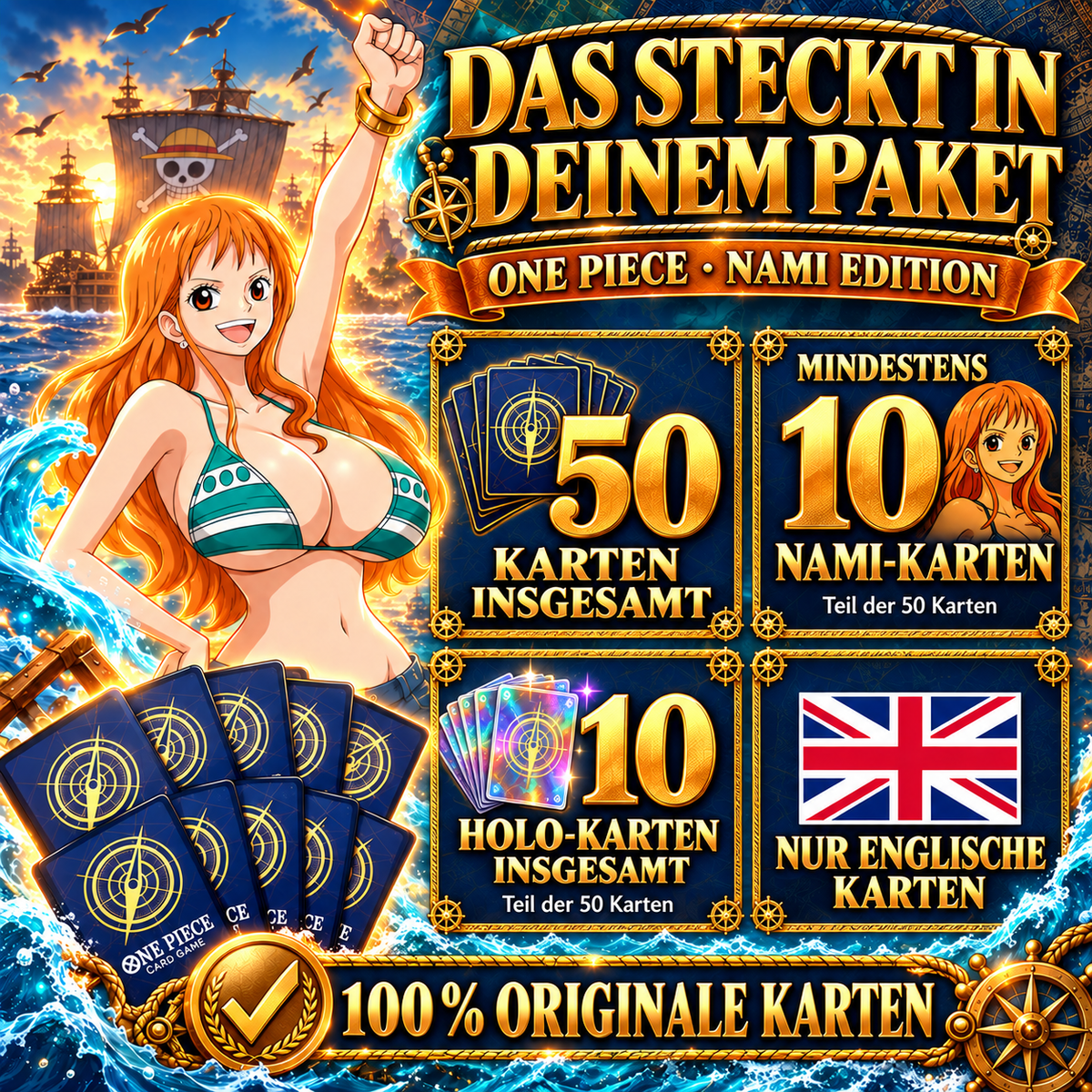 One Piece Nami - 50 KARTETPAKET INKL 10 HOLOS + INKL 10 NAMI KARTEN - ENGLISCH