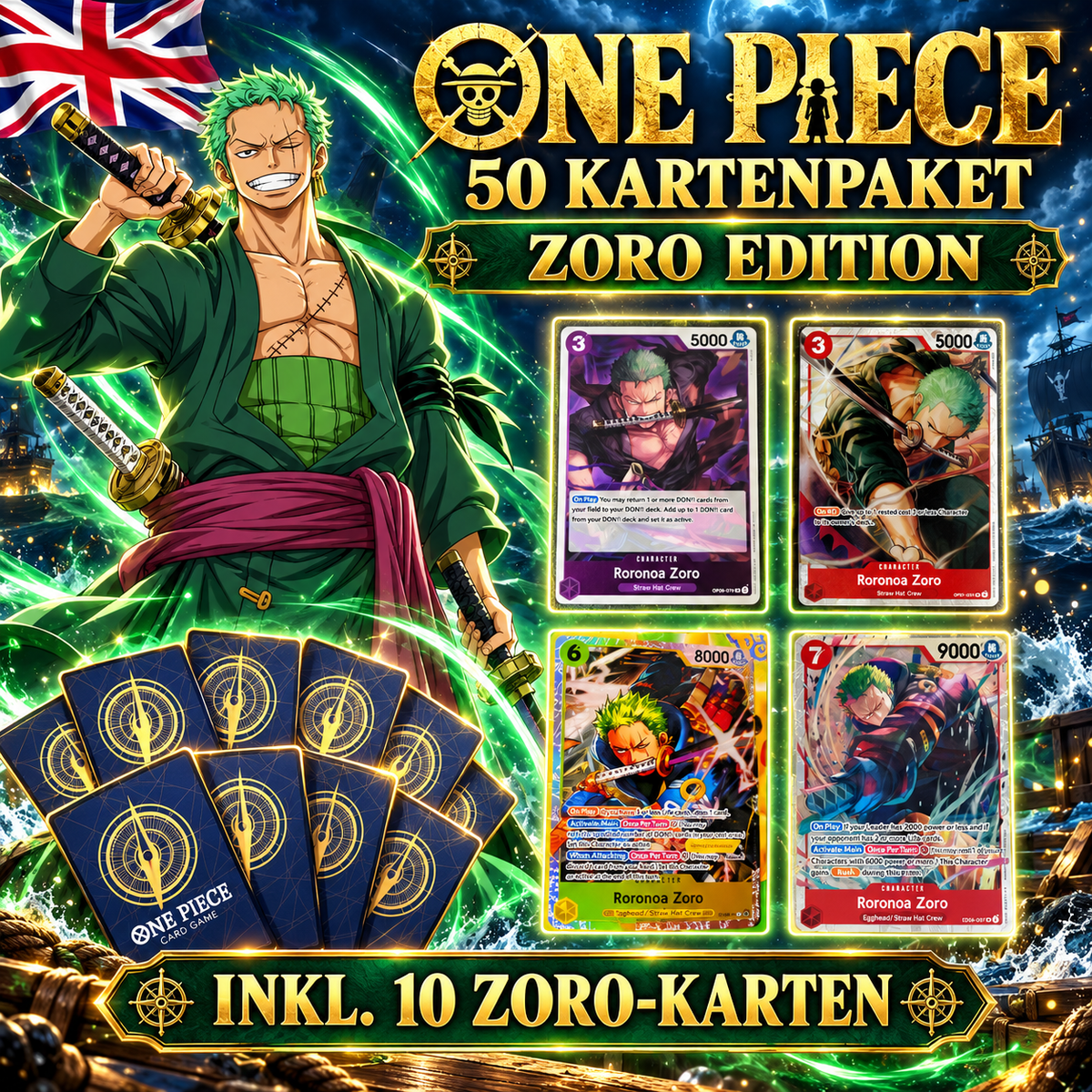 One Piece ZORO - 50 KARTETPAKET INKL 10 HOLOS + INKL 10 ZORO KARTEN - ENGLISCH